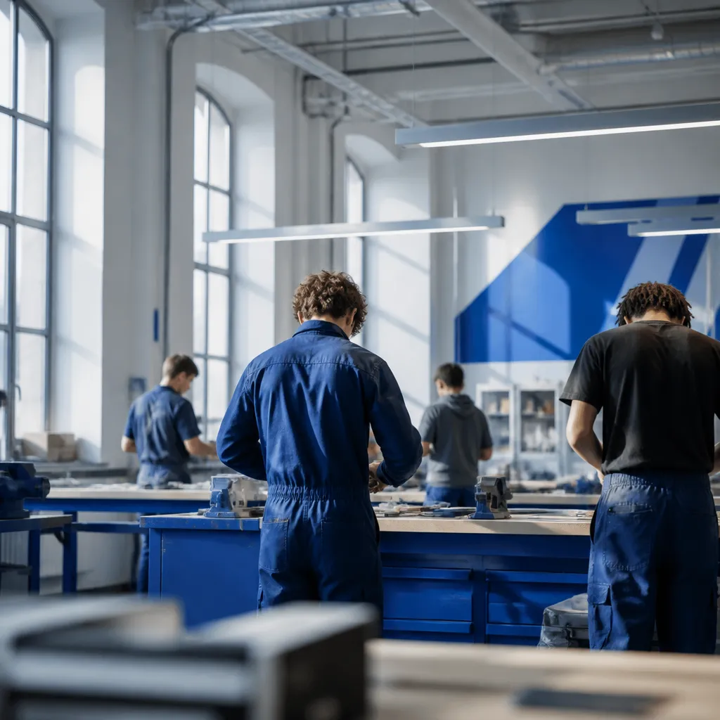 Apprentis en formation dans un atelier de CFA lumineux