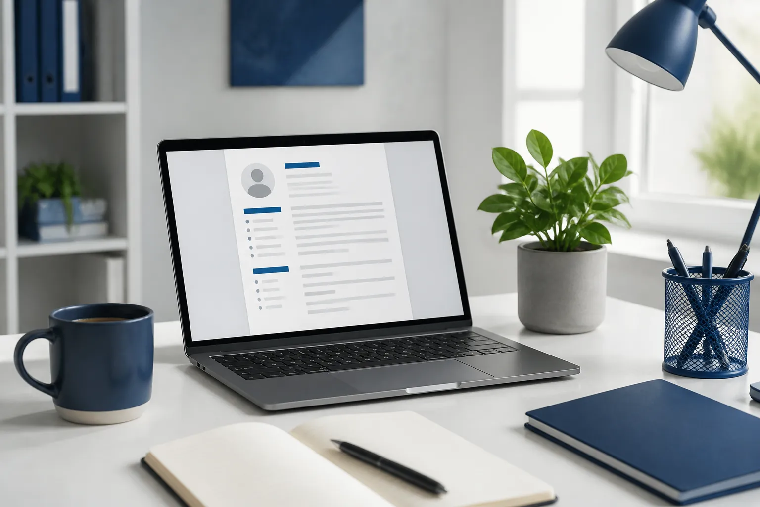 Comment faire un CV : bureau lumineux avec ordinateur portable affichant un CV épuré