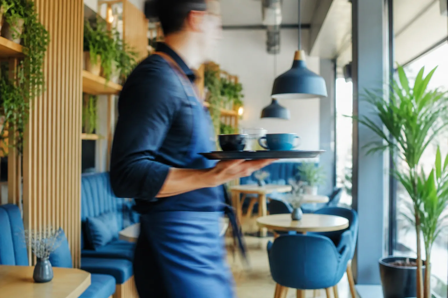 Job étudiant : jeune serveur portant un plateau dans un café moderne et lumineux