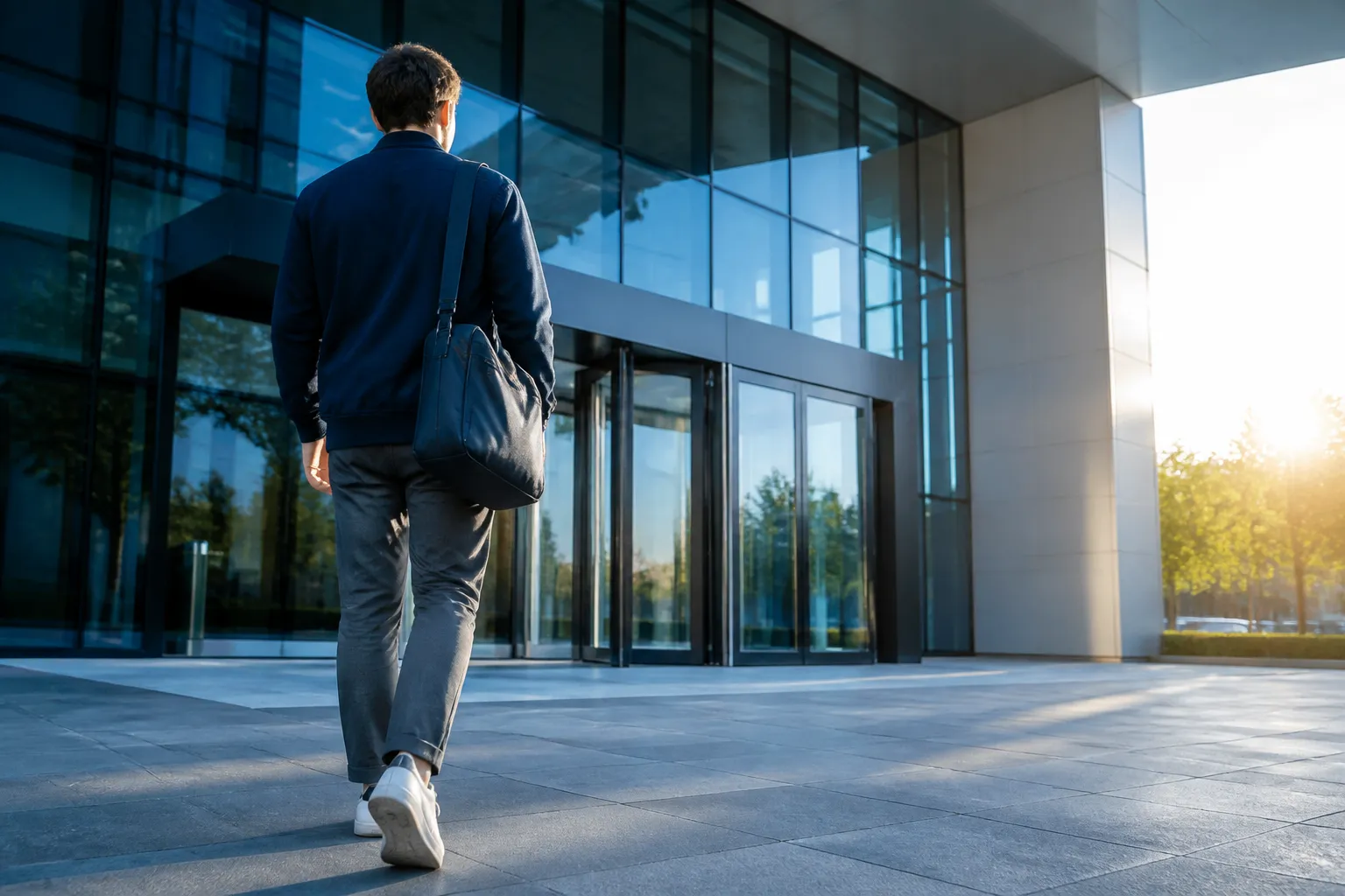 Trouver une alternance : jeune candidat marchant vers l'entrée d'une entreprise moderne