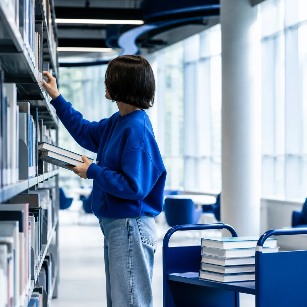 Étudiant rangeant des livres en bibliothèque universitaire