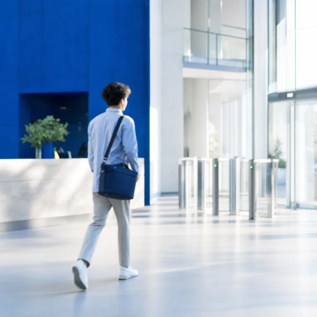 Jeune candidat entrant dans un hall de bureau lumineux, premier jour de travail