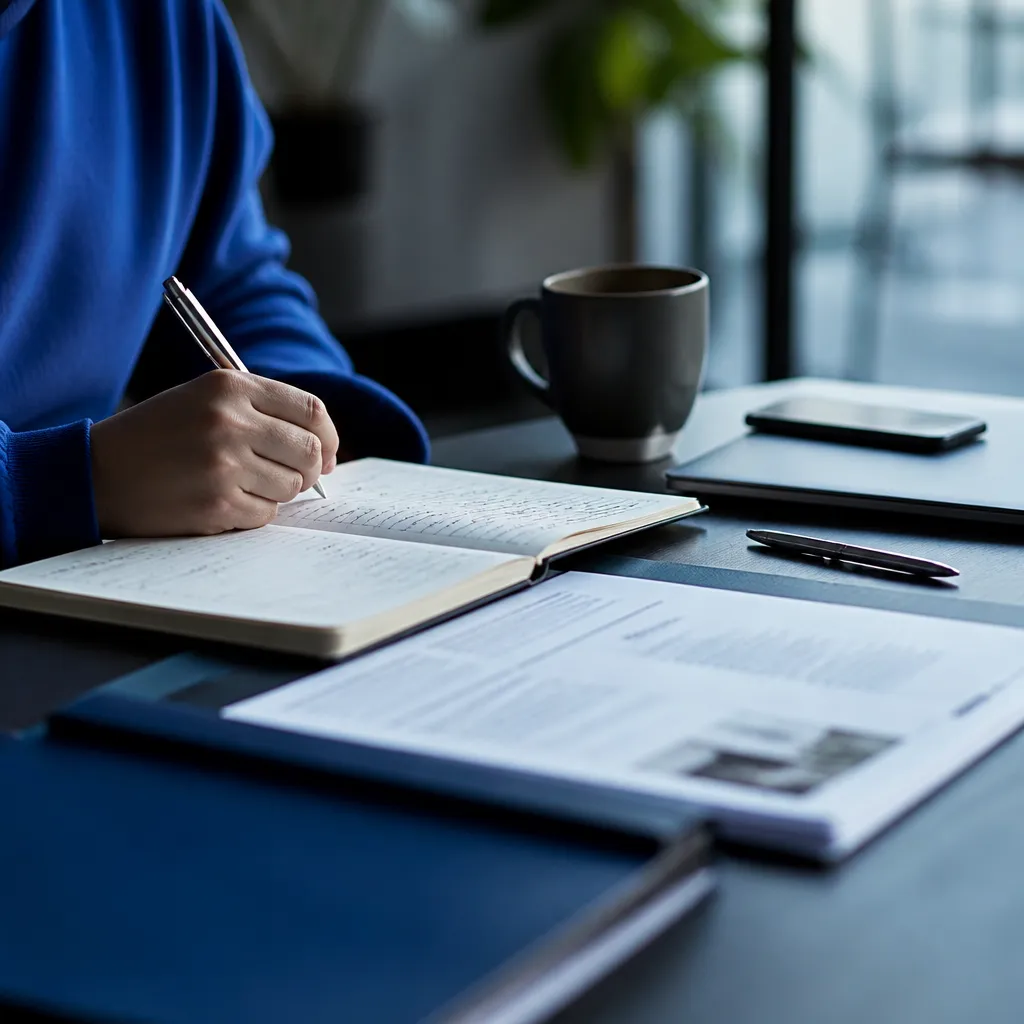 Préparation d'entretien : notes manuscrites, offre d'emploi et café sur un bureau