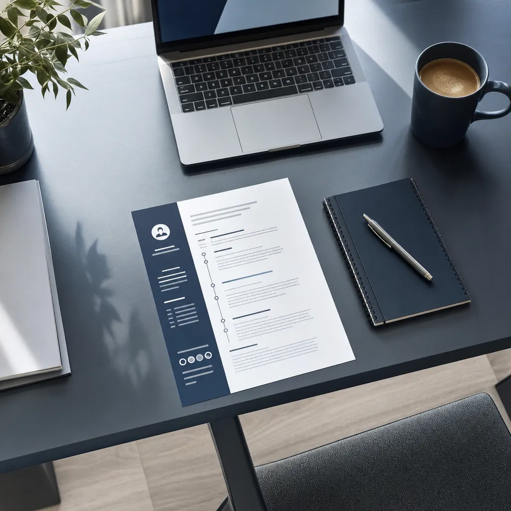 CV imprimé posé sur un bureau avec ordinateur portable et carnet
