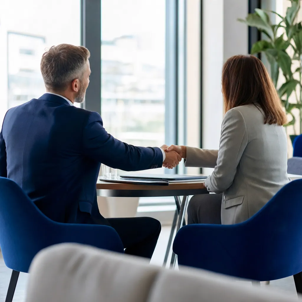 Poignée de main lors d'un entretien d'embauche dans un bureau vitré