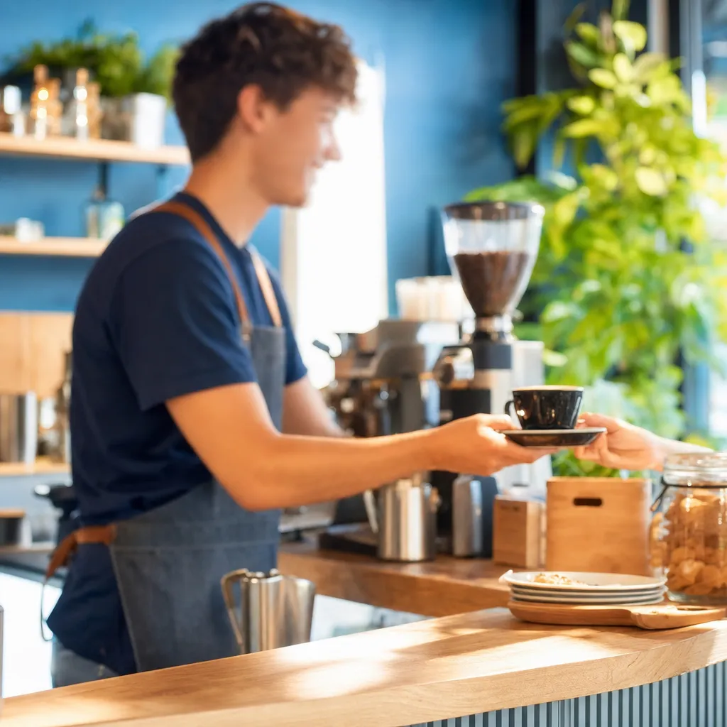 Jeune barista servant un café dans un coffee shop lumineux