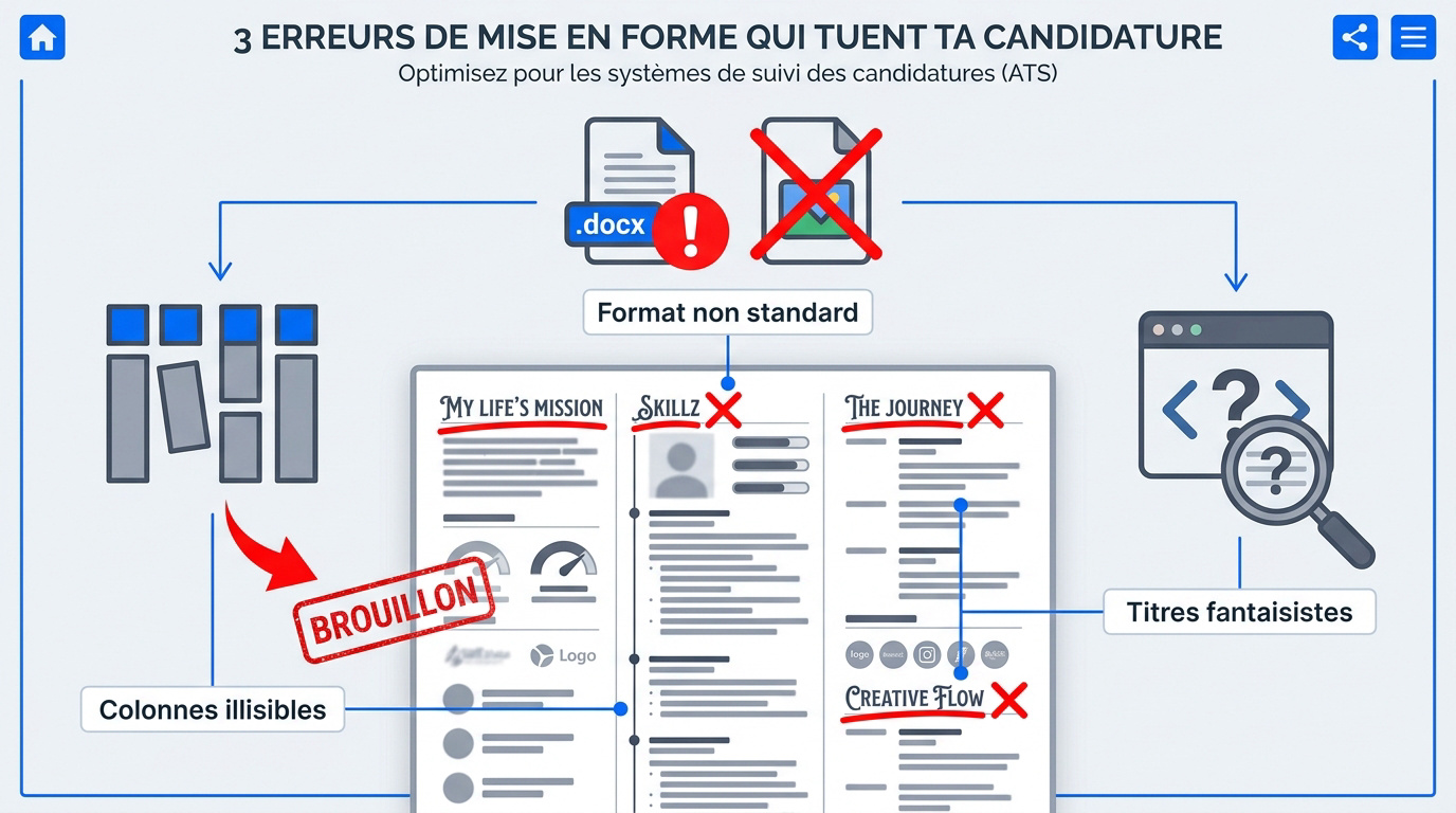 Illustration des erreurs de mise en page sur un CV pour les logiciels de tri ATS