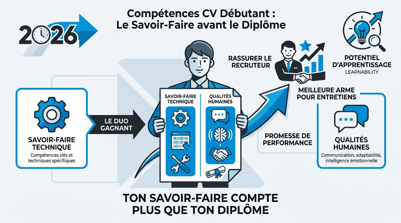 Illustration des <strong>compétences techniques et comportementales</strong> pour un CV débutant »>

<h3>La frontière entre hard skills et soft skills sans jargon</h3>

<p>Les hard skills sont tes outils techniques concrets, tandis que les soft skills définissent ta manière d&rsquo;interagir. Ces deux forces indissociables constituent <strong>ton identité pro unique</strong>.</p>

<div class=