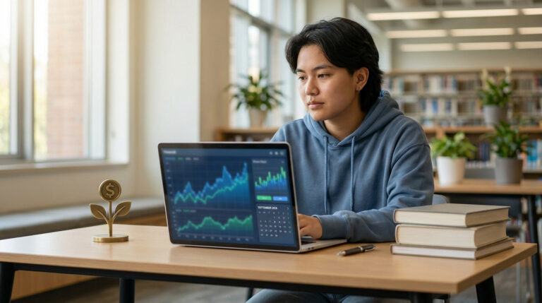 Étudiant concentré devant son ordinateur avec des graphiques financiers et une petite plante en métal symbolisant l'argent.