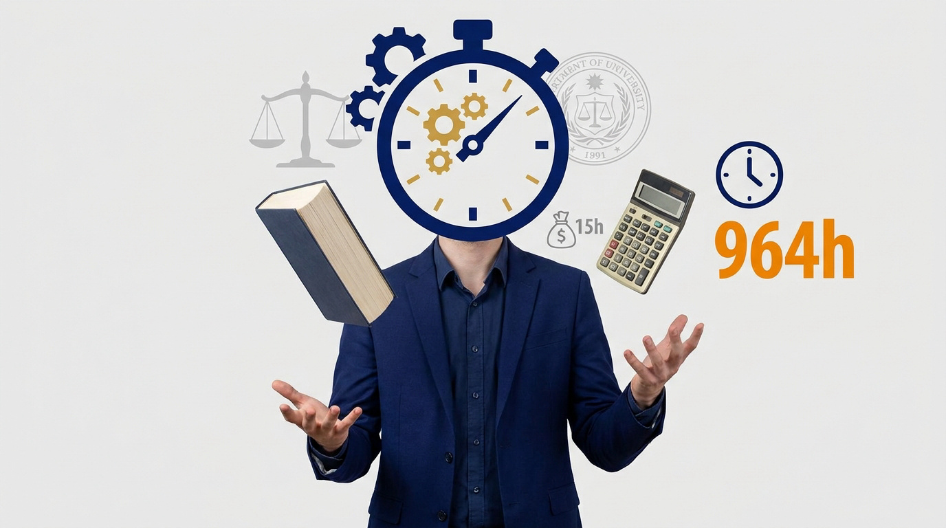 Étudiant qui jongle entre ses livres de cours et une horloge symbolisant son temps de travail salarié