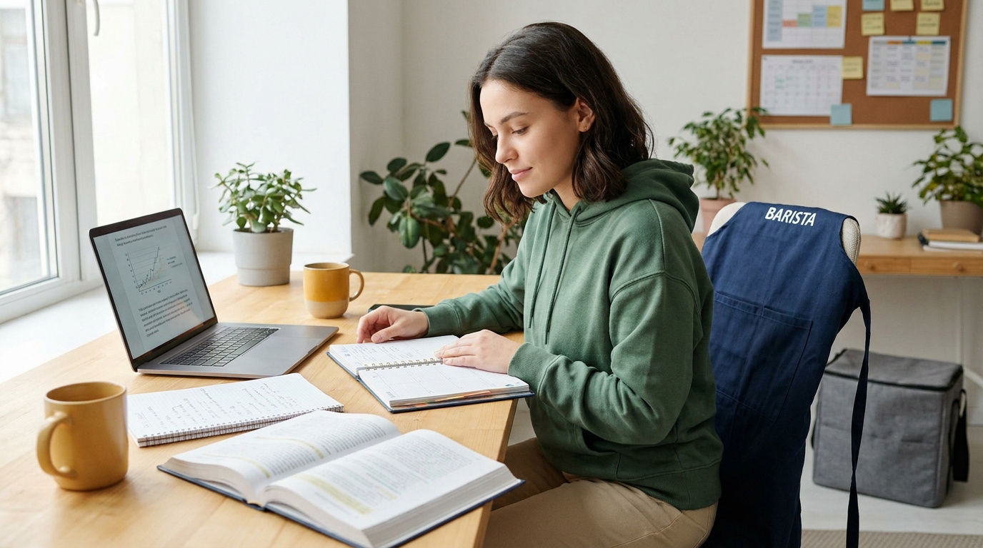 Une étudiante en sweat vert révise à son bureau avec un tablier de barista accroché à sa chaise.