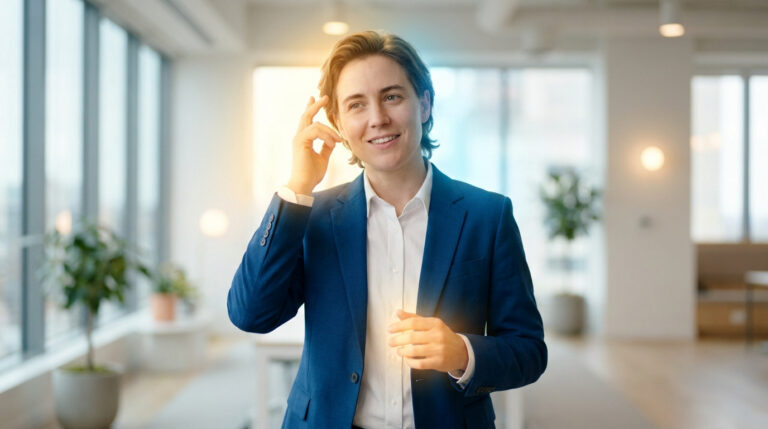 Un professionnel souriant en costume bleu dans un bureau lumineux, réfléchissant à une stratégie de candidature.