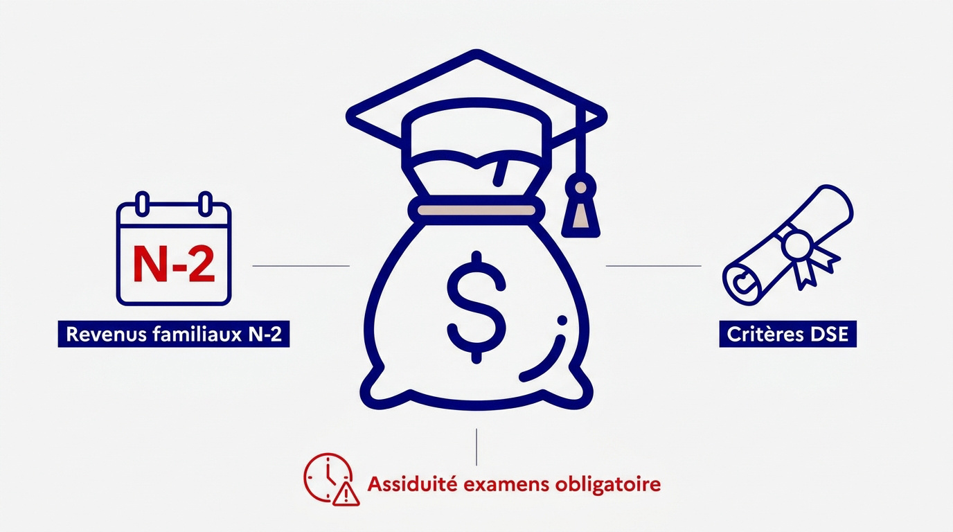 Infographie des critères d'attribution de la bourse CROUS incluant revenus N-2 et points de charge