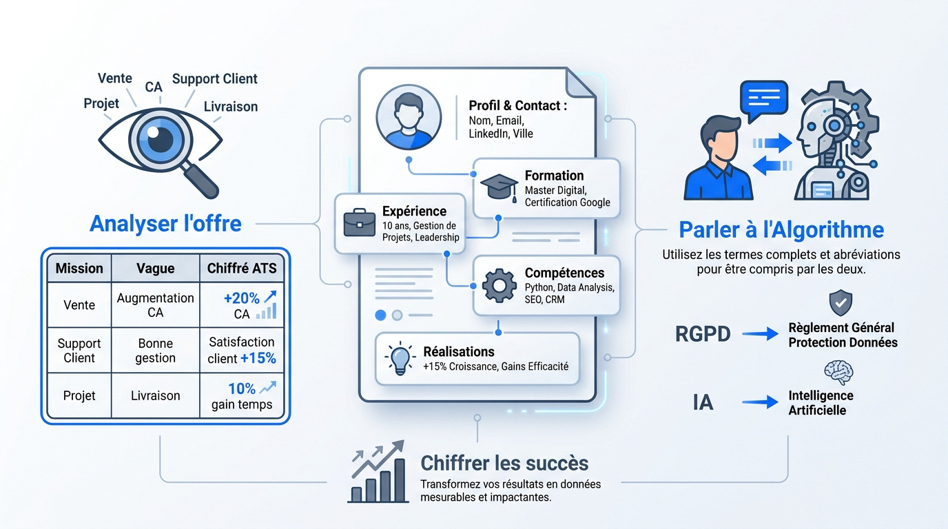 Infographie expliquant l'analyse d'une offre d'emploi et l'usage de l'IA pour optimiser son CV