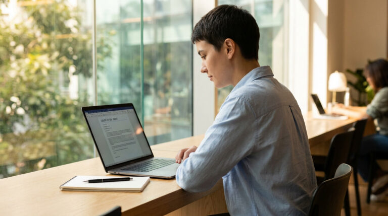 Jeune personne concentrée rédigeant une lettre de motivation sur un ordinateur portable dans un espace de coworking.
