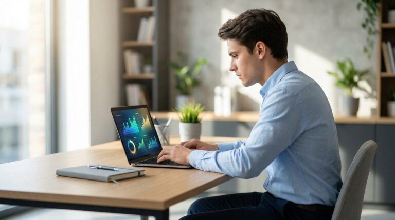 Un jeune homme en chemise bleue travaille sur un ordinateur affichant des graphiques dans un bureau moderne et lumineux.