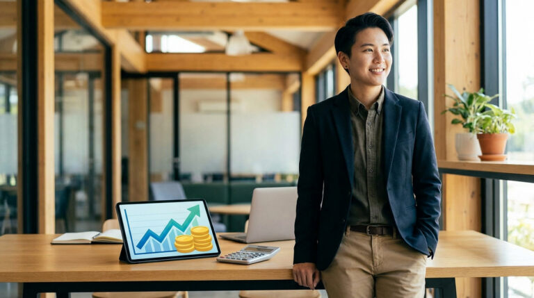 Jeune professionnel souriant appuyé sur un bureau avec une tablette affichant une courbe de croissance financière.