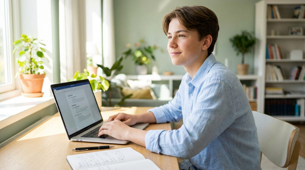 Un adolescent souriant travaille sur son CV sur un ordinateur portable à un bureau dans une chambre lumineuse.