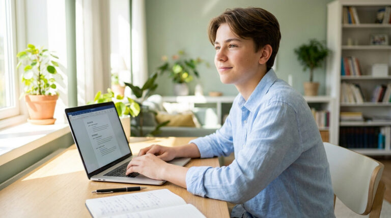 Un adolescent souriant travaille sur son CV sur un ordinateur portable à un bureau dans une chambre lumineuse.