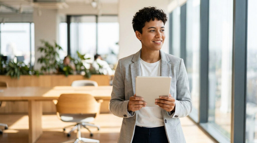Une jeune professionnelle souriante tenant une tablette dans un bureau moderne lumineux.