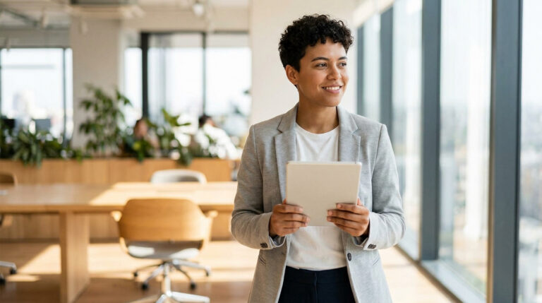 Une jeune professionnelle souriante tenant une tablette dans un bureau moderne lumineux.