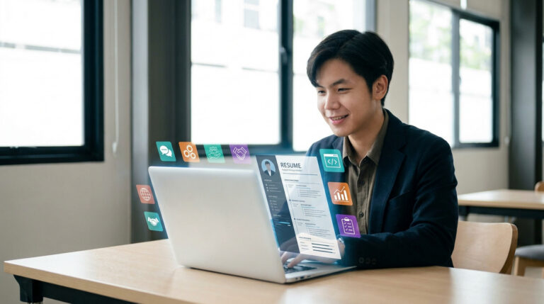 Jeune homme souriant travaillant sur son ordinateur portable pour créer un CV professionnel avec des icônes holographiques.
