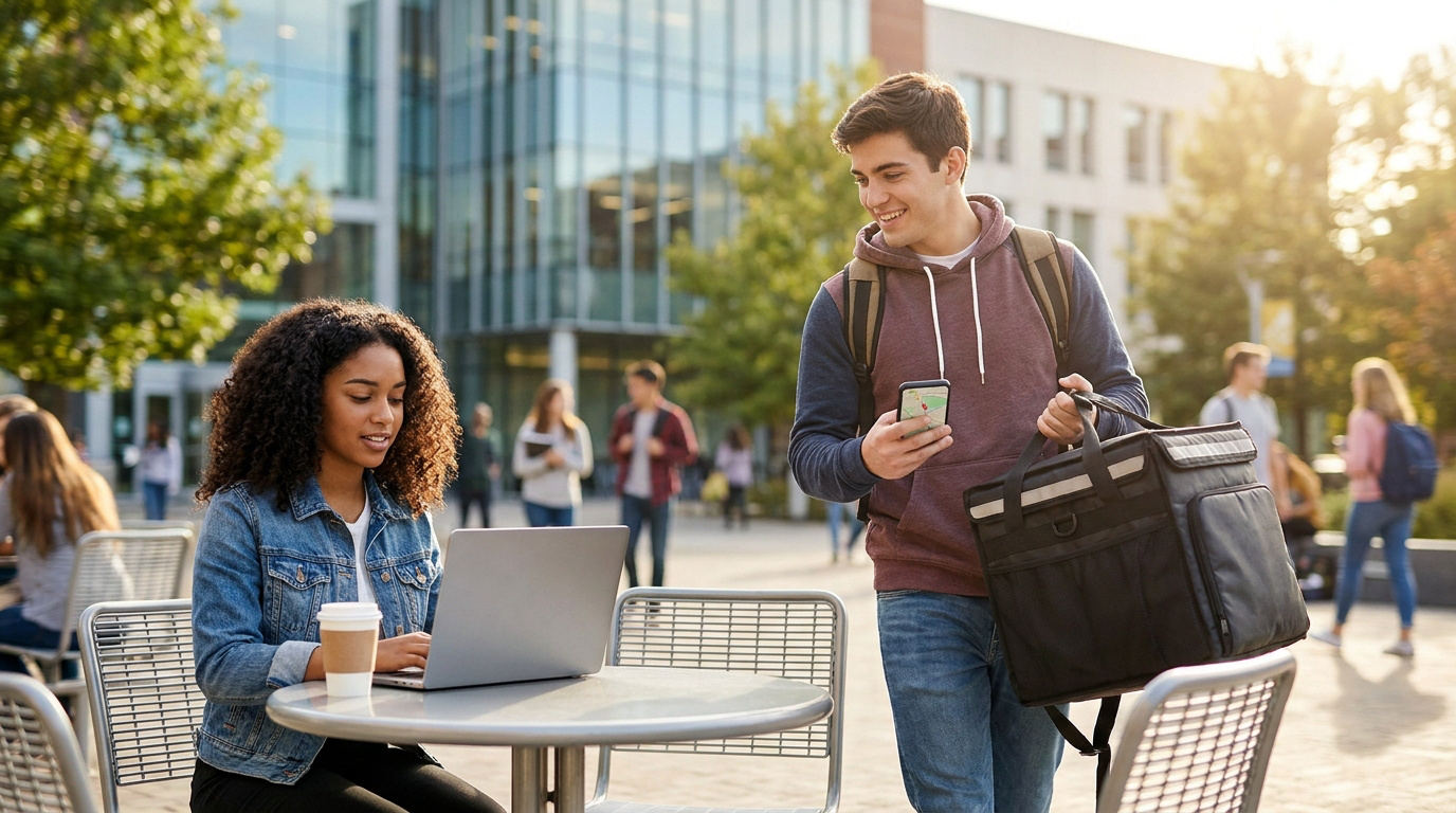 Un étudiant livreur avec un sac isotherme croise une étudiante travaillant sur son ordinateur portable sur un campus.