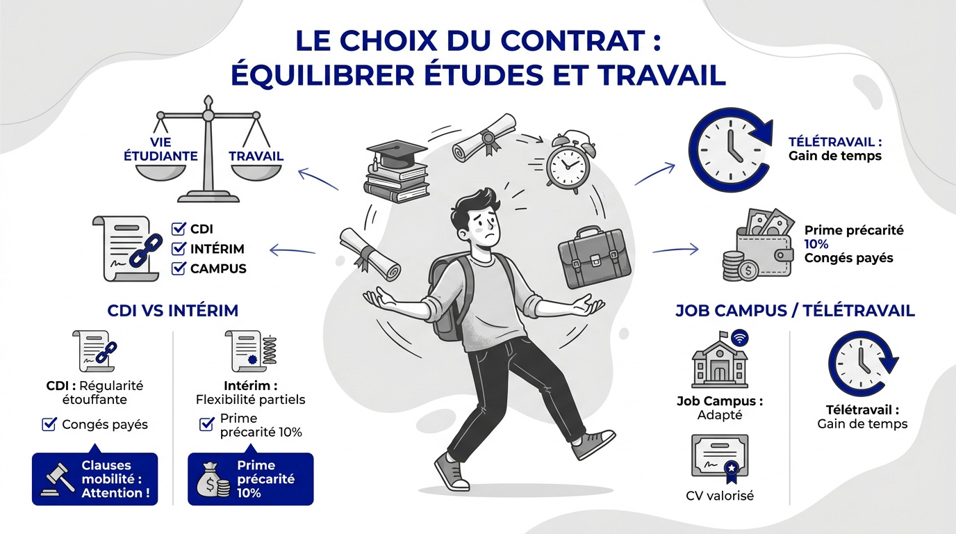 Étudiant hésitant entre différents contrats de travail devant son ordinateur