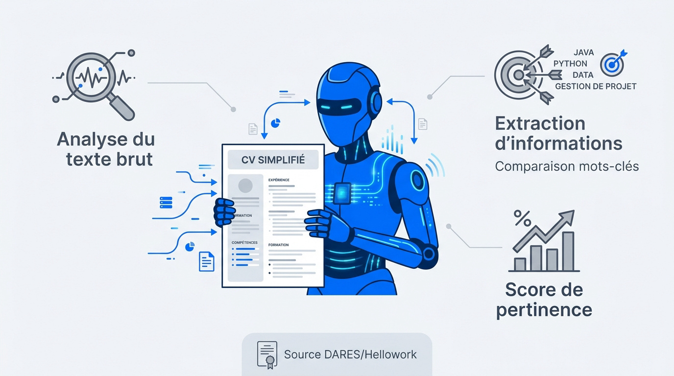 Schéma expliquant le processus d'analyse d'un CV par un logiciel ATS