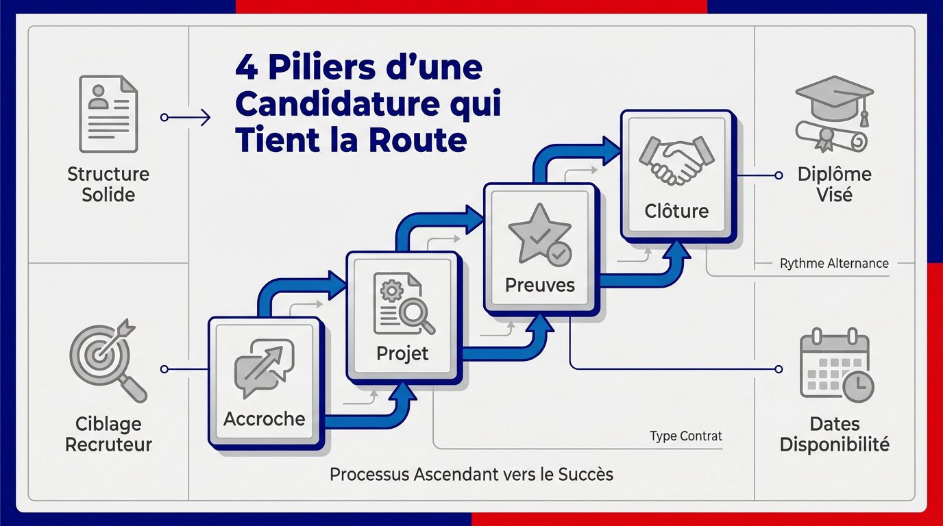 Schéma des quatre piliers d'une lettre de motivation pour alternance : accroche, pont, preuve et clôture.