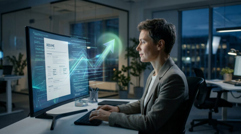 Une femme travaille sur un ordinateur affichant un CV avec une flèche de progression numérique en réalité augmentée.