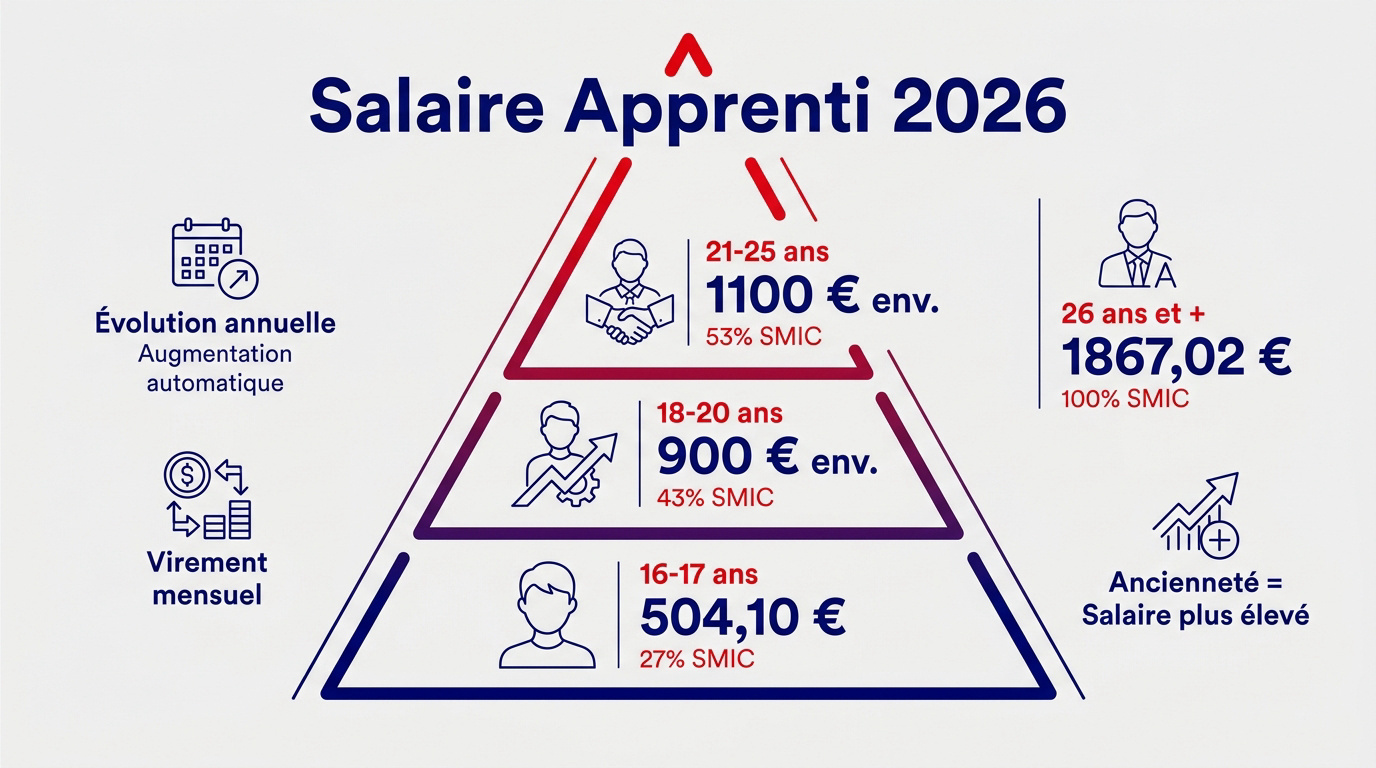 Tableau des rémunérations minimales des apprentis en 2026 selon l'âge et l'année de contrat