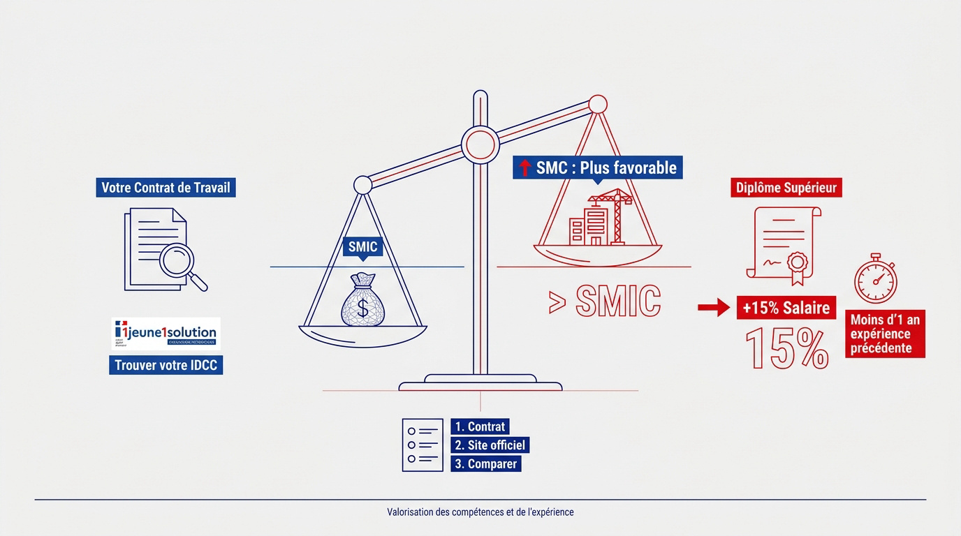Comparaison entre le SMIC et le Salaire Minimum Conventionnel pour un apprenti avec bonus de 15%
