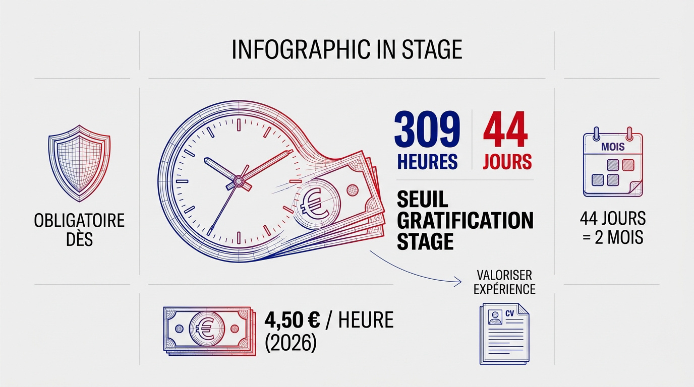 Infographie expliquant le seuil de gratification de stage à 309 heures ou 44 jours