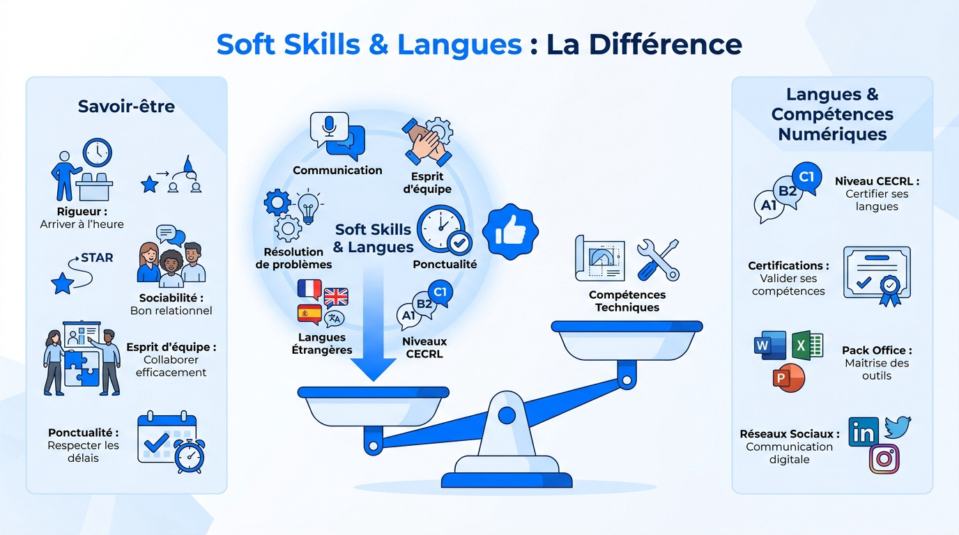 Graphique illustrant l'importance des soft skills et des langues sur un CV de job d'été