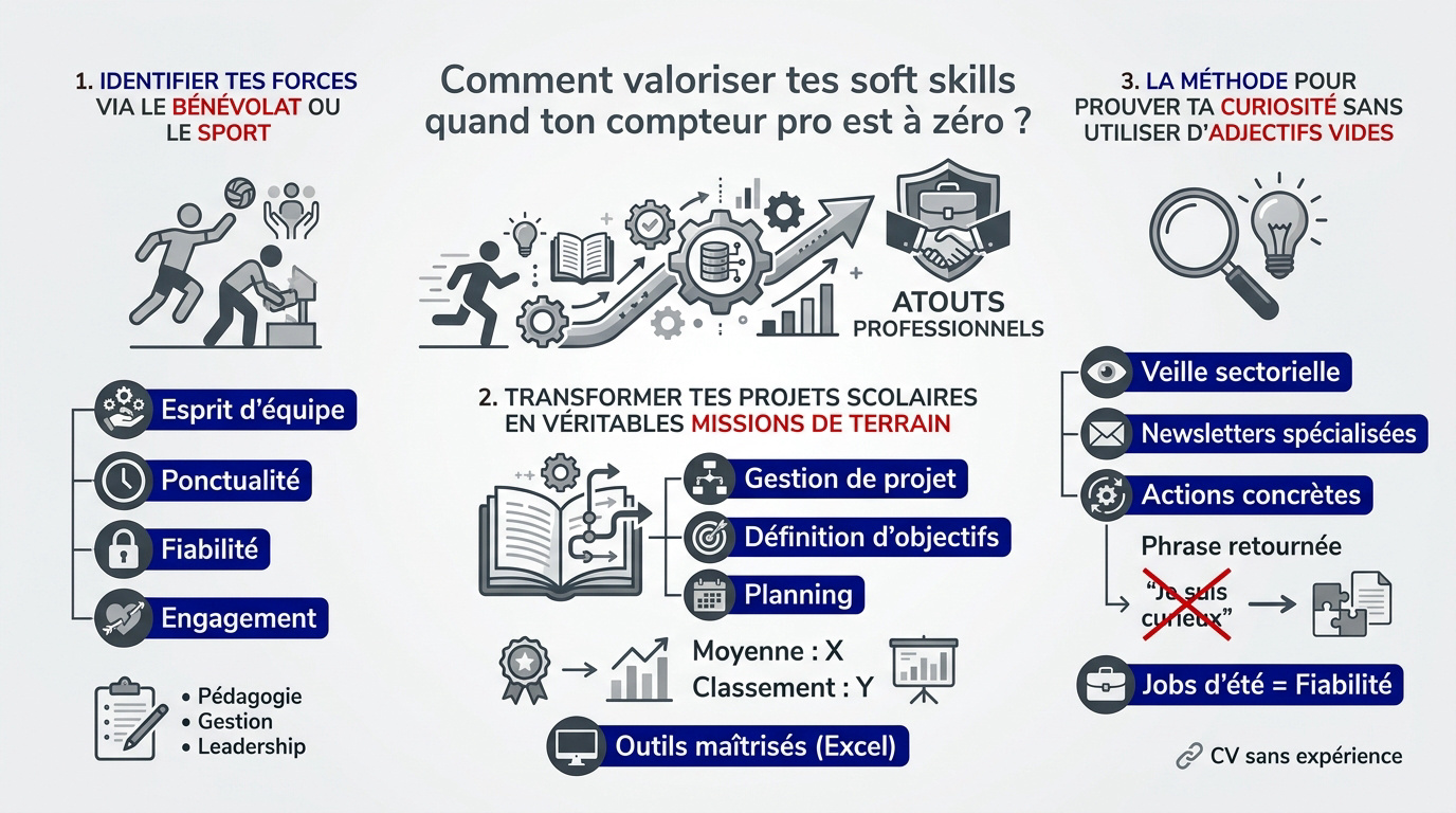 Schéma expliquant comment transformer des activités de bénévolat et de sport en compétences professionnelles pour un CV d'alternant