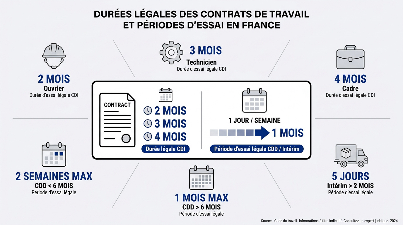 Tableau récapitulatif des durées légales des périodes d'essai selon le type de contrat