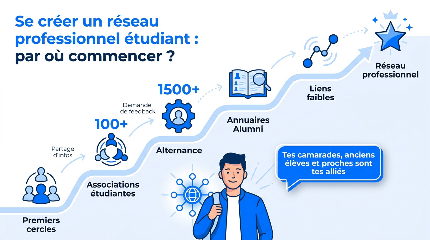 Infographie sur les étapes clés pour construire son réseau professionnel étudiant