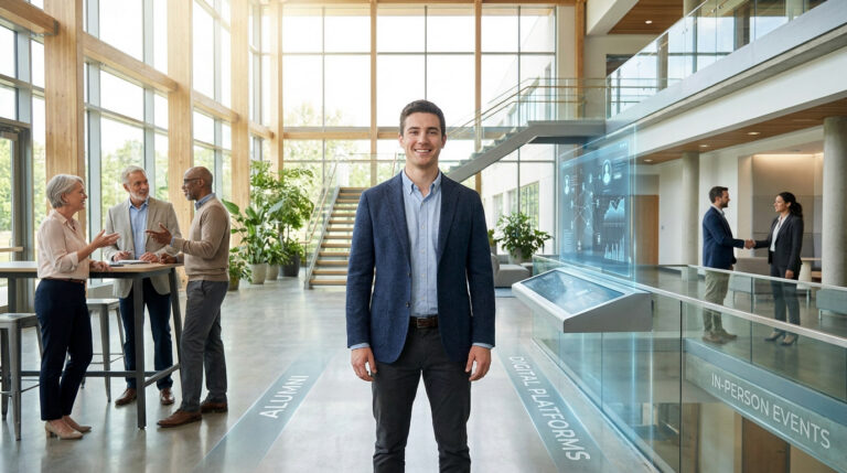 Un jeune homme souriant en blazer dans un hall d'entreprise moderne avec des collègues en arrière-plan.