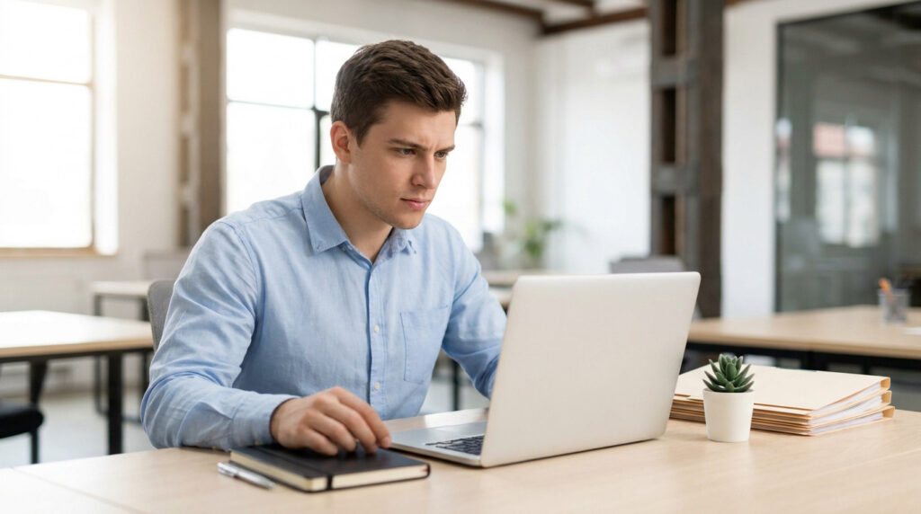 Un jeune homme en chemise bleue concentré devant son ordinateur portable dans un bureau lumineux.