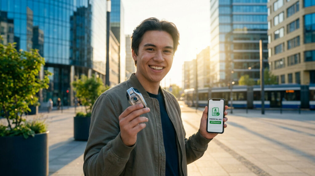 Un jeune homme souriant tenant une clé de voiture et son téléphone affichant une aide financière approuvée.