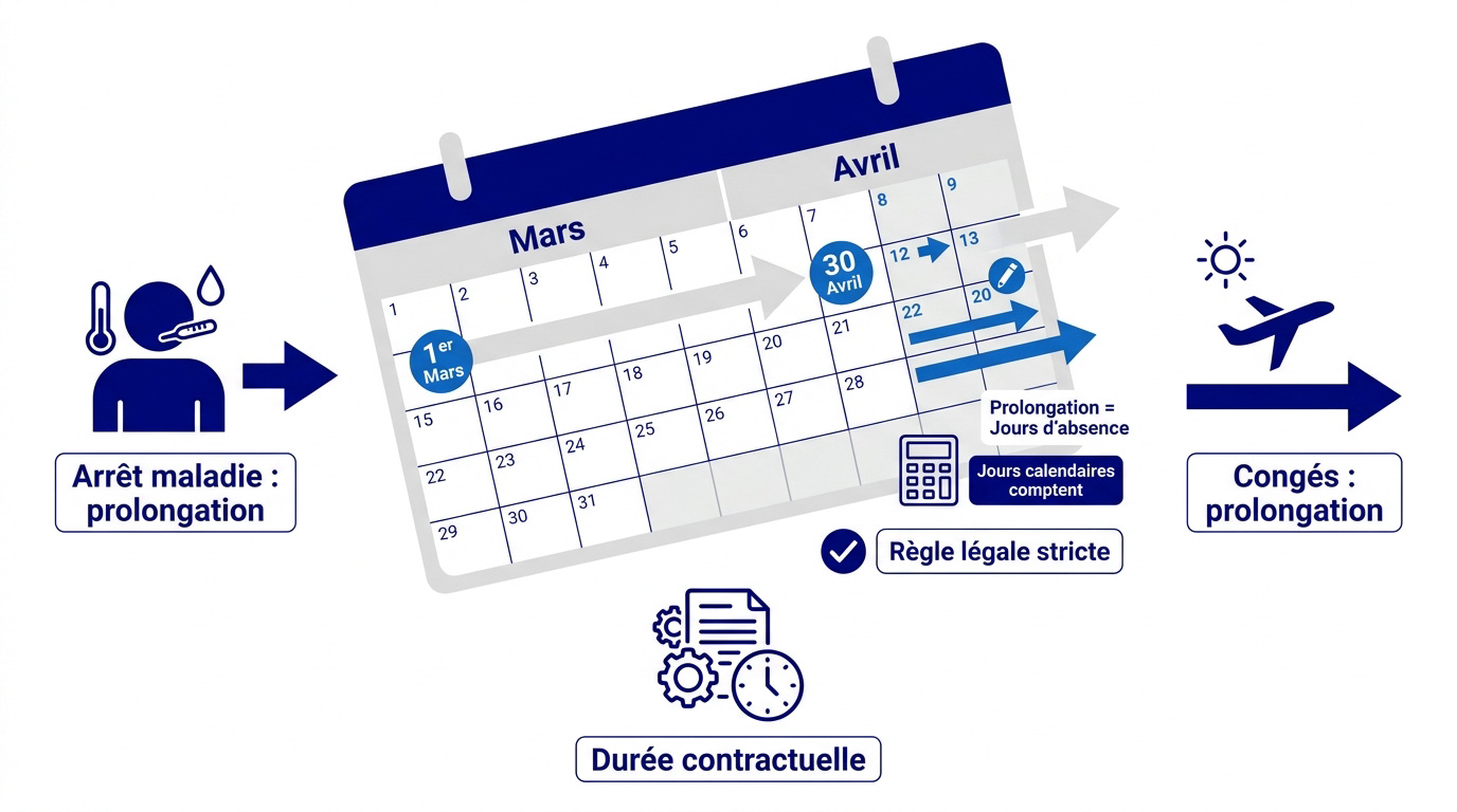 Calendrier annoté illustrant la prolongation de la période d'essai après une absence