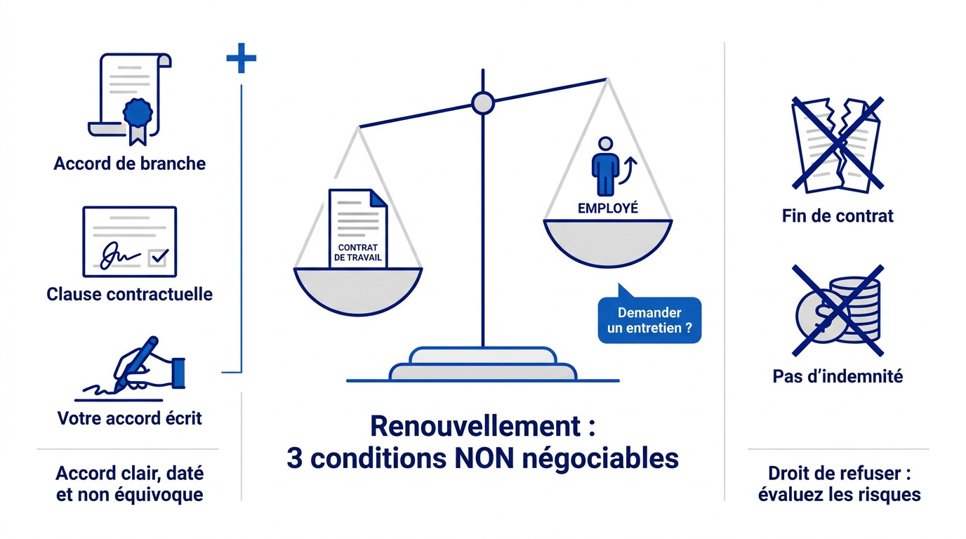 Infographie sur les trois conditions du renouvellement de la période d'essai en entreprise