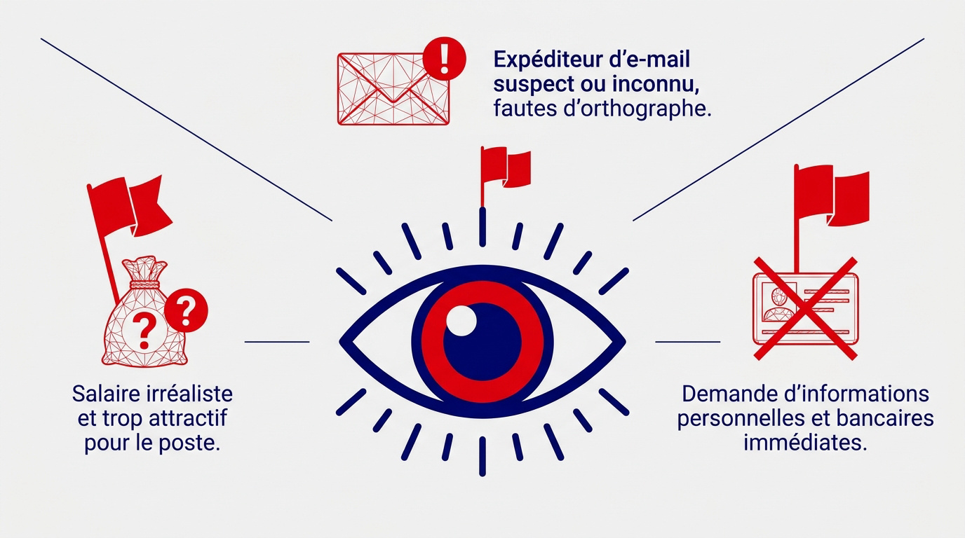 Illustration des signaux d'alerte face aux arnaques au recrutement et fausses offres d'emploi